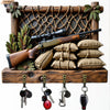 A vintage wooden key hook set displayed on a rustic wooden shelf with various keys and a rifle.