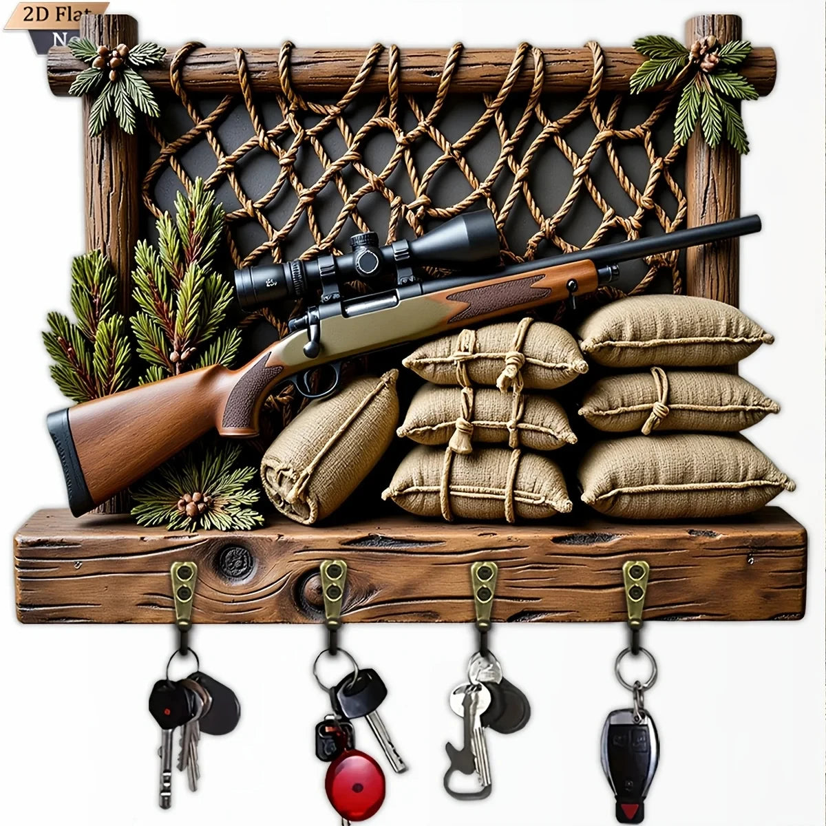 A vintage wooden key hook set displayed on a rustic wooden shelf with various keys and a rifle.