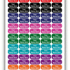 A pack of waterproof customizable name tags featuring various names and a dishwasher safe icon.