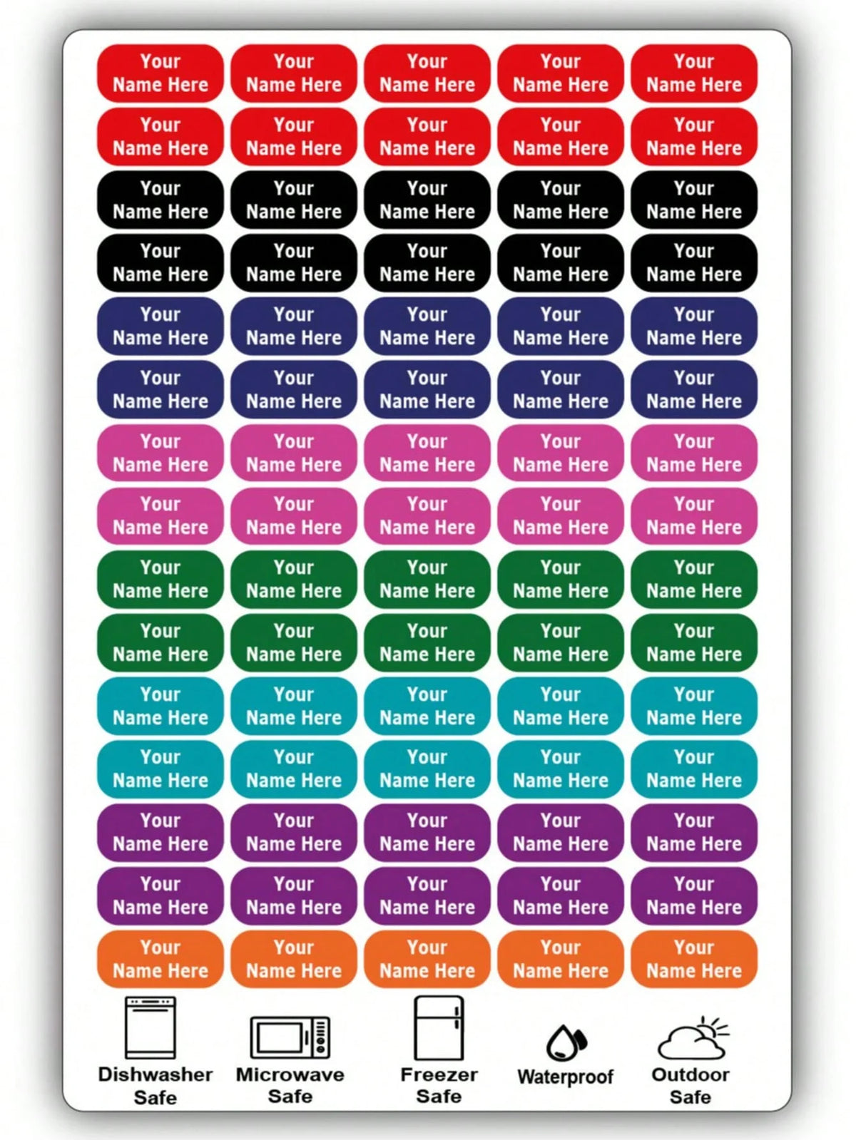 A pack of waterproof customizable name tags featuring various names and a dishwasher safe icon.