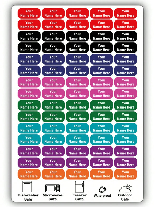 A pack of waterproof customizable name tags featuring various names and a dishwasher safe icon.