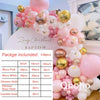 A pink and beige balloon garland arch kit featuring various sized balloons in shades of pink, white, and gold.