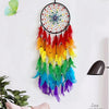 A colorful feather dream catcher with a black hoop and dangling feathers is displayed on a white wall.