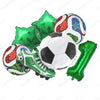 A set of six green and multi-colored soccer themed balloons including a ball and a boot.