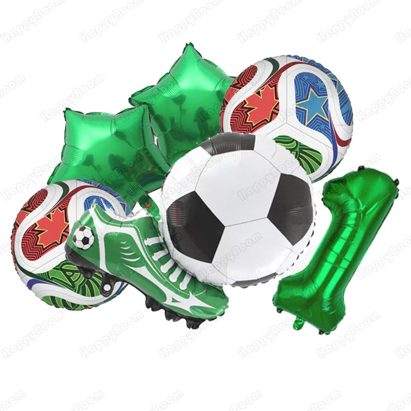 A set of six green and multi-colored soccer themed balloons including a ball and a boot.