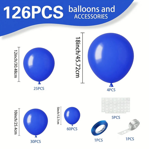 A collection of royal blue balloons and accessories including latex balloons, a ring, and a small metal piece.