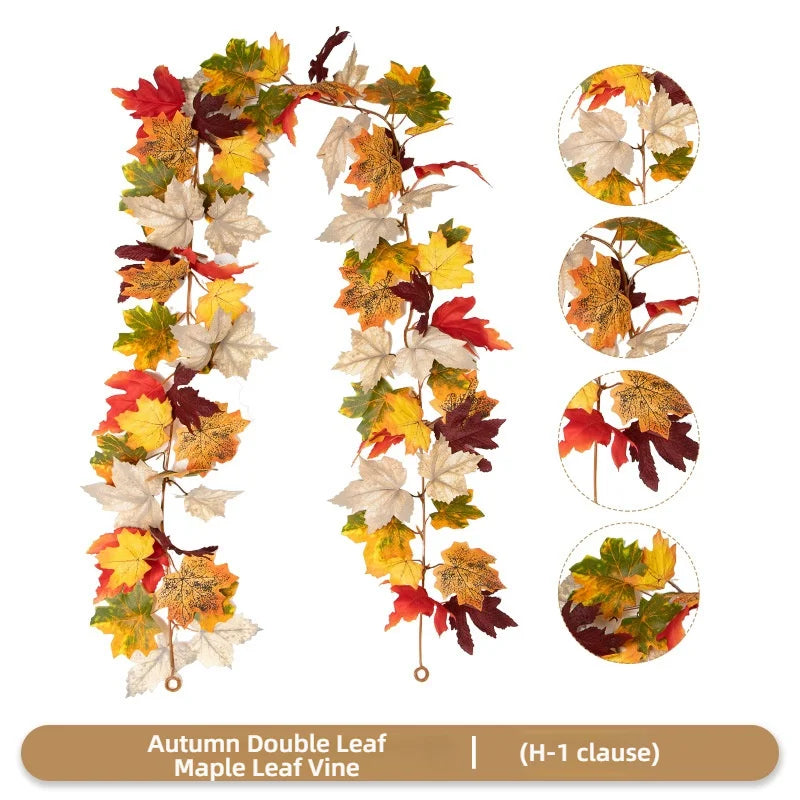 Artificial double leaf maple vine garland featuring autumn colors in various shades of red, orange, yellow, and brown.