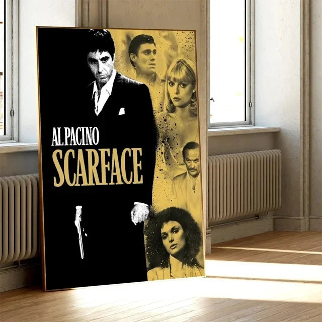 Impression sur toile avec un collage de personnages de Scarface, titre Al Pacino Scarface