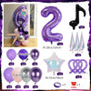 A set of purple and iridescent balloons, including a column, a number 2 balloon, a trumpet balloon, star-shaped balloons, and