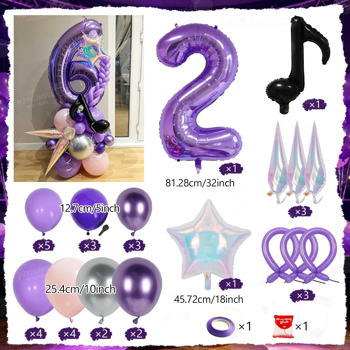 A set of purple and iridescent balloons, including a column, a number 2 balloon, a trumpet balloon, star-shaped balloons, and