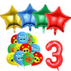 A set of colorful foil balloons and a red inflatable number three for a birthday party