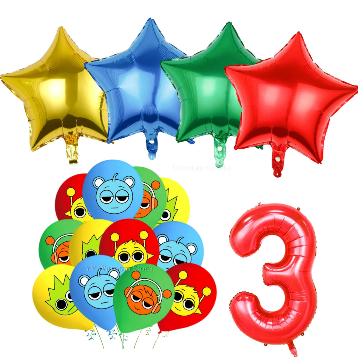 A set of colorful foil balloons and a red inflatable number three for a birthday party