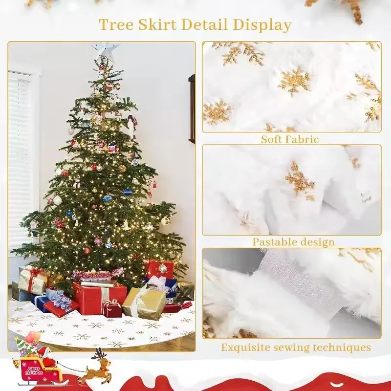 Display of a plush faux fur Christmas tree skirt showing soft fabric, pastel design, and exquisite sewing techniques.