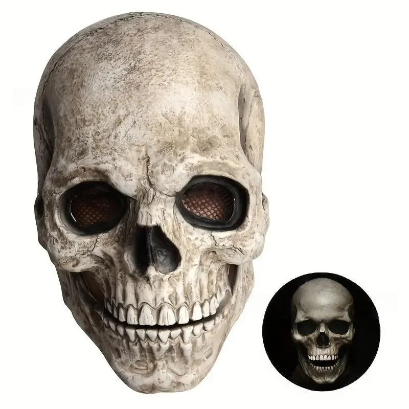 A realistic full-head skull mask with a movable jaw, showing the facial structure and teeth.