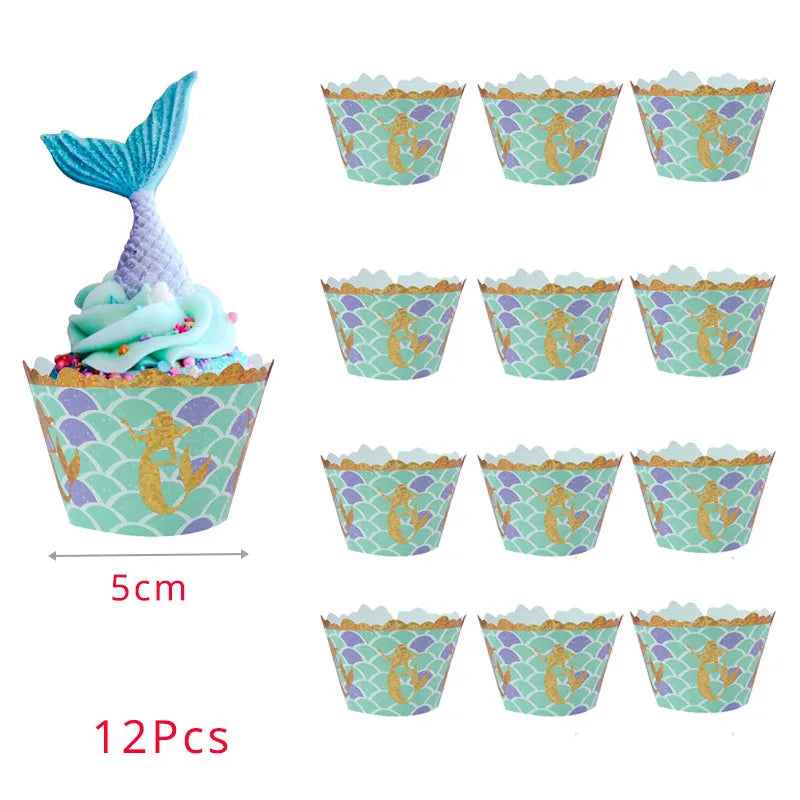A set of 12 mermaid-themed paper cups and a blue mermaid tail decoration for a party