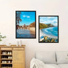 A set of five black photo frames displaying scenic coastal landscapes and skies.
