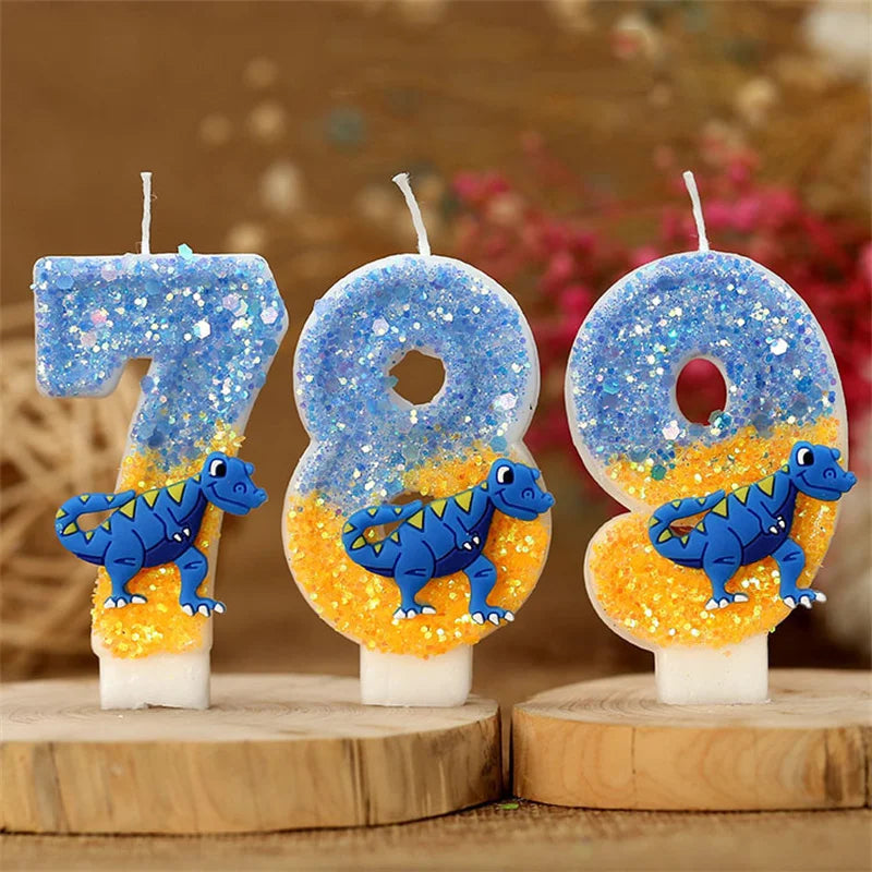 Three birthday candles shaped like the number 789 featuring blue dinosaurs on an orange background
