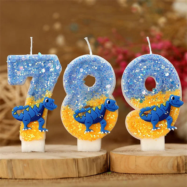 Three birthday candles shaped like the number 789 featuring blue dinosaurs on an orange background