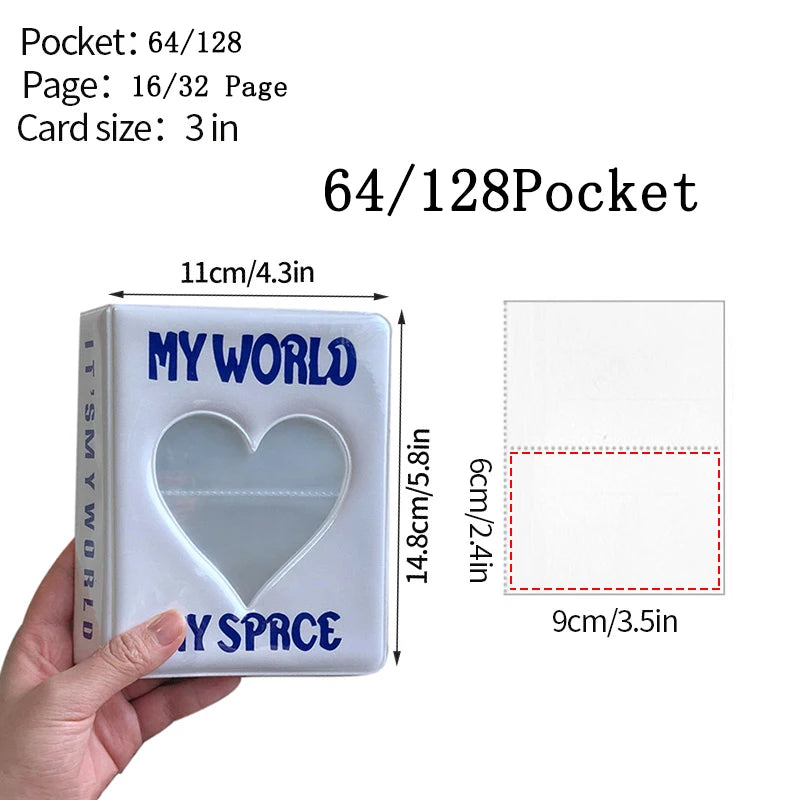 A hand holds a white photo album titled MY WORLD with a heart cutout, next to a diagram showing its dimensions.