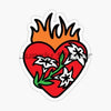 A red heart shape with a yellow flame on top, decorated with white floral elements.