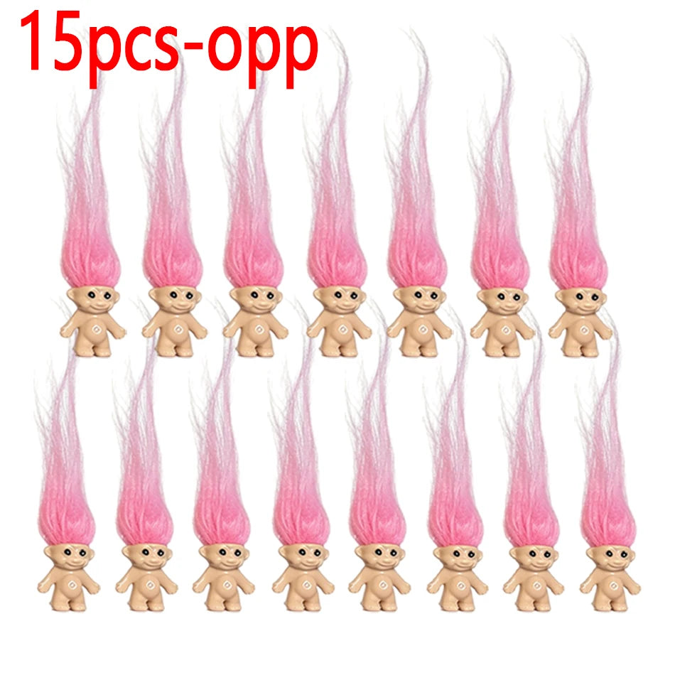 A collection of 15 pink troll doll figures with small arms and heads.