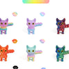 A collection of three 3D printed cat figurines in various colors and poses.
