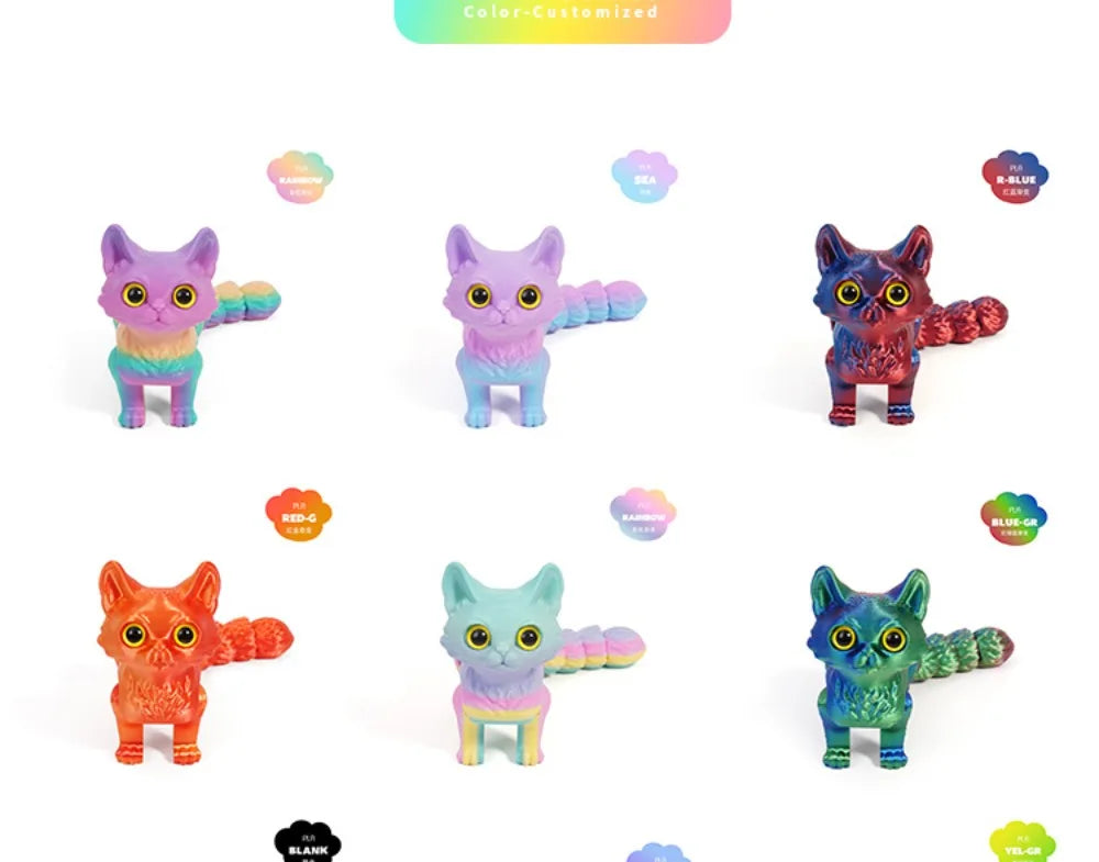 A collection of three 3D printed cat figurines in various colors and poses.