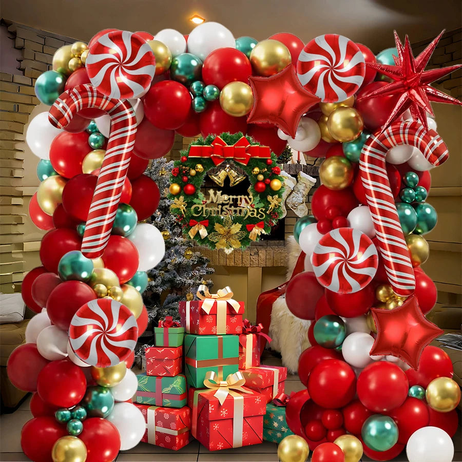 A festive balloon decoration set featuring red, gold, and green balloons arranged in a Christmas wreath display.