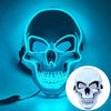 An LED glow skull mask illuminates a human skull shape with bright blue light against a dark background.