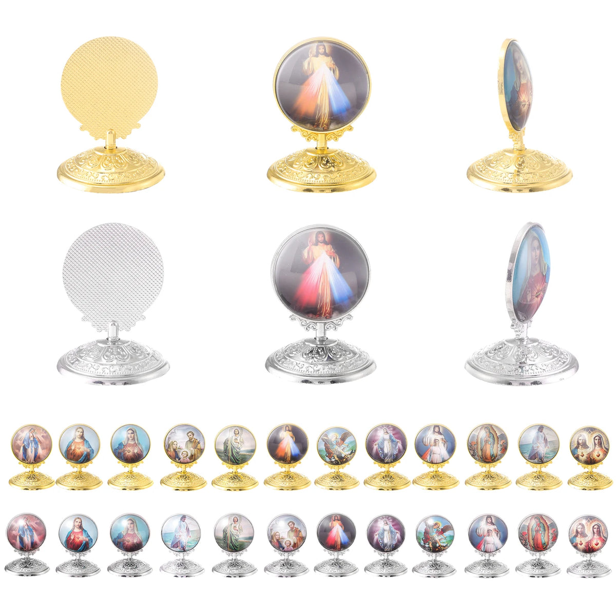 A collection of retro Catholic tabletop ornaments featuring various religious figures and designs.