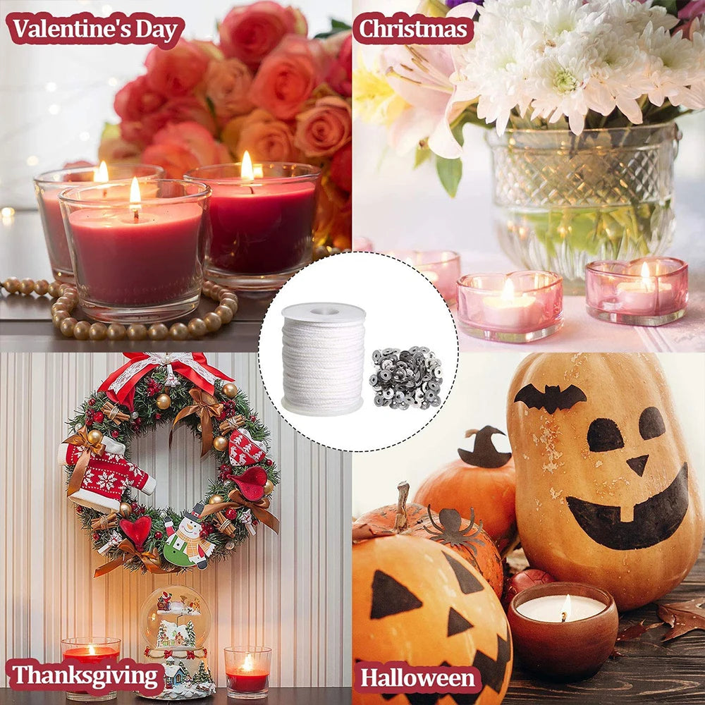 A collection of seasonal candles and decorations including Valentine's Day, Christmas, Thanksgiving, Halloween, and a braided