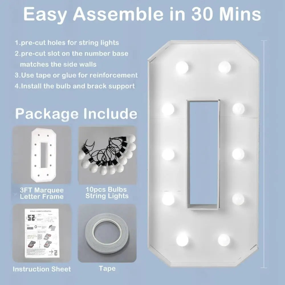 A white light-up marquee letter frame with a mirror insert and included components for easy assembly.