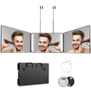 Portable trifold vanity mirror with adjustable hook shown in various angles and contexts.