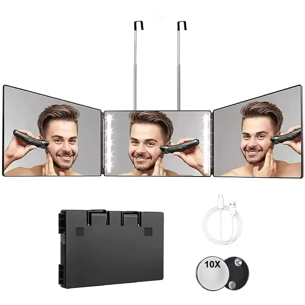 Portable trifold vanity mirror with adjustable hook shown in various angles and contexts.