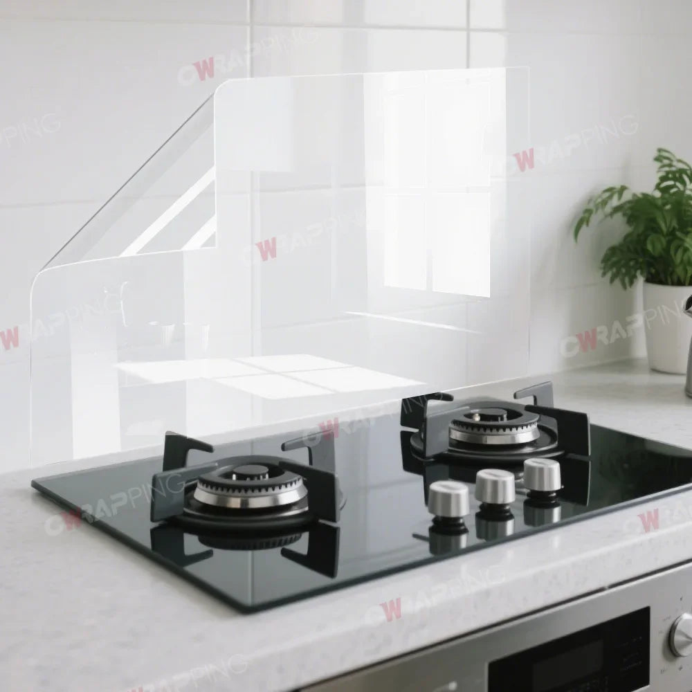 A transparent film protecting a black stovetop surface on a kitchen counter.