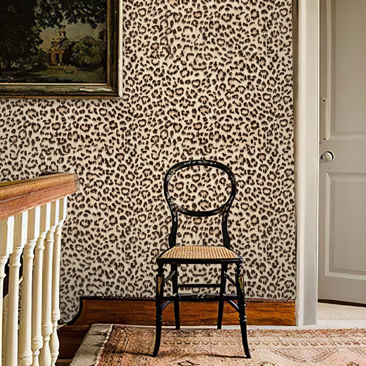 A dark wooden chair is placed in front of a wall covered with retro leopard print wallpaper.