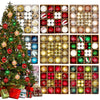 A collection of festive Christmas ornaments featuring various snowflake designs and colors displayed in a wooden grid.