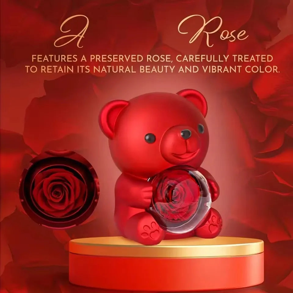 Rotating Hugging Bear Jewelry Box with Rose