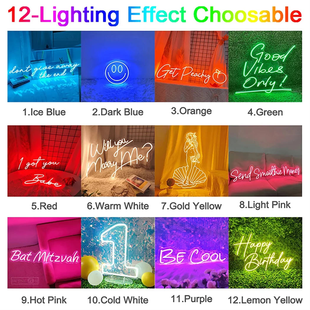 A grid showing twelve different colored LED lighting effects or neon signs for personalized wall decor.