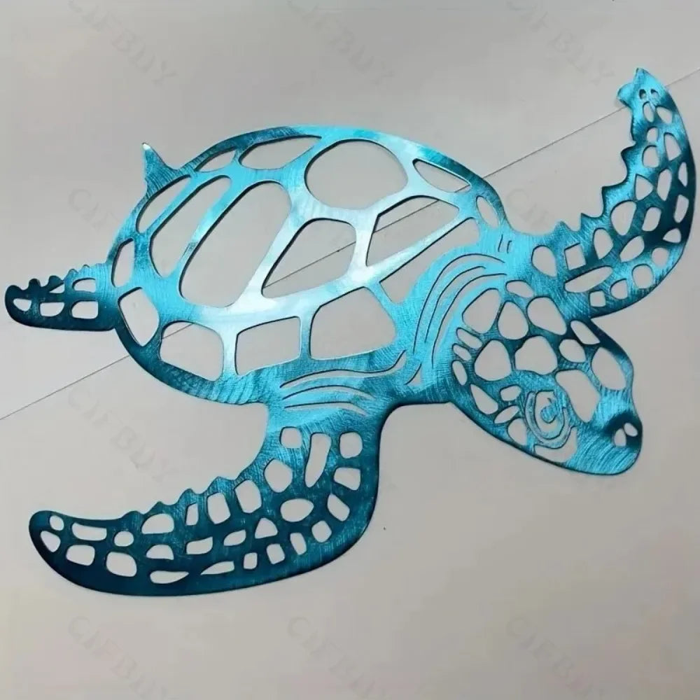 A teal metal sea turtle wall art cutout featuring intricate scale patterns and ocean wave designs.