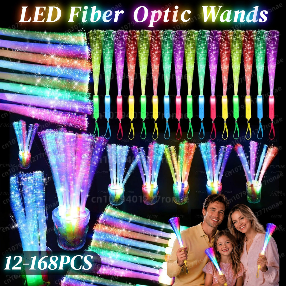 A collection of LED fiber optic glow wands in various colors and shapes displayed against a dark background.