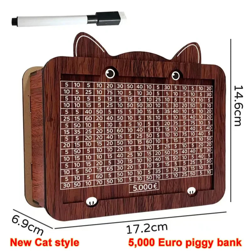 Coffre-épargne en bois, forme rectangulaire avec des fentes pour les pièces, mesure 14,6 cm de long.