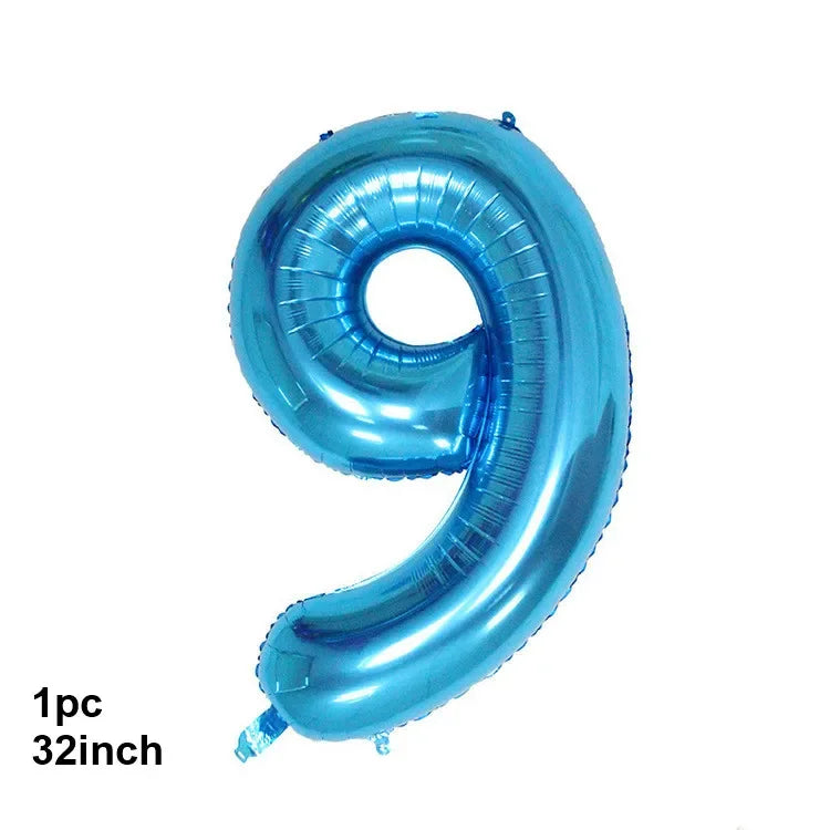 A single blue latex balloon shaped like the number 9, measuring 32 inches.