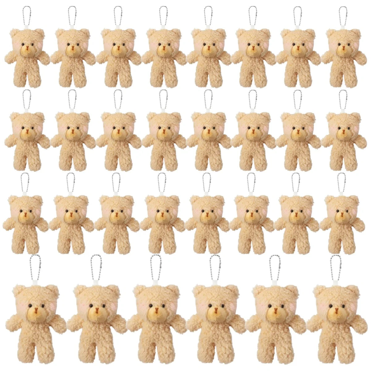 A set of mini plush teddy bear keychains in various shades of tan and beige.