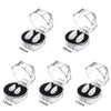 A set of realistic vampire fangs with adjustable fit shown in various sizes and packaging.