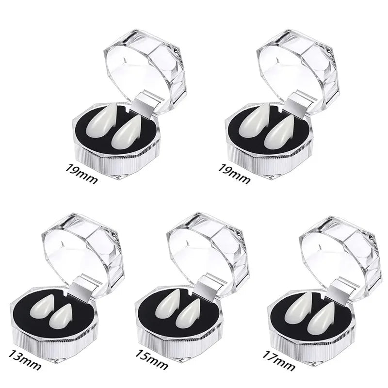 A set of realistic vampire fangs with adjustable fit shown in various sizes and packaging.