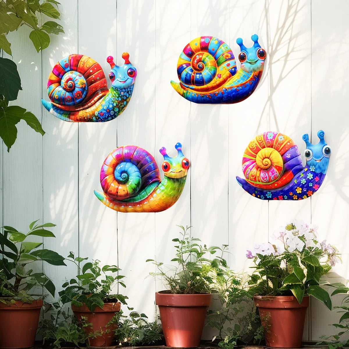 Colorful metal snail wall art featuring vibrant spiral designs for garden and home decor