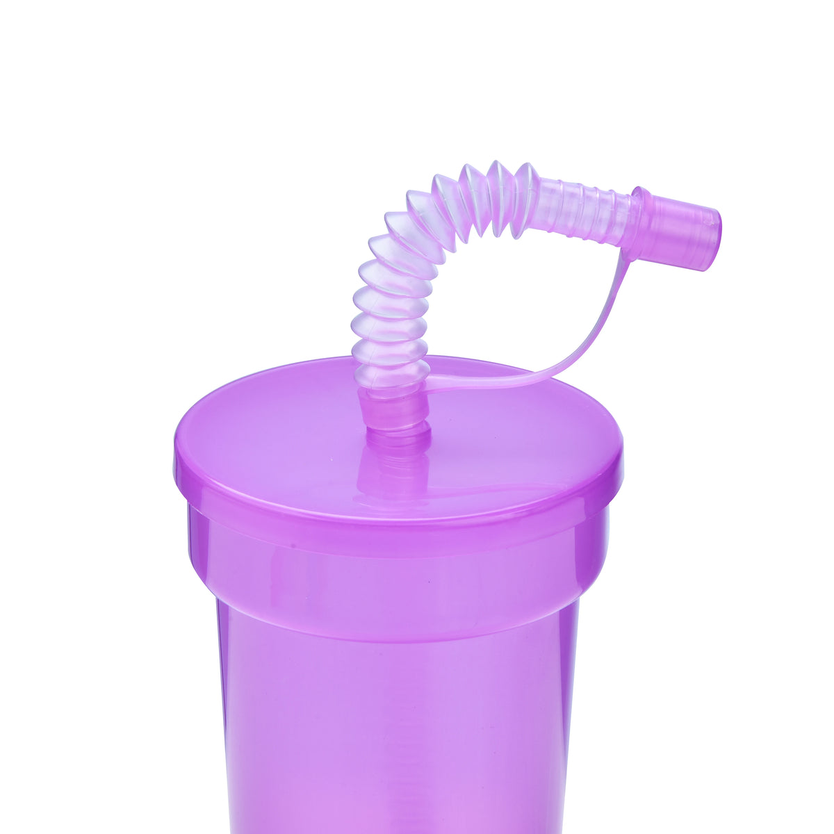 A purple reusable sipper cup with a silicone lid and straw is shown against a white background.