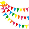 A colorful bunting garland made of red, orange, yellow, and pink triangle flags.