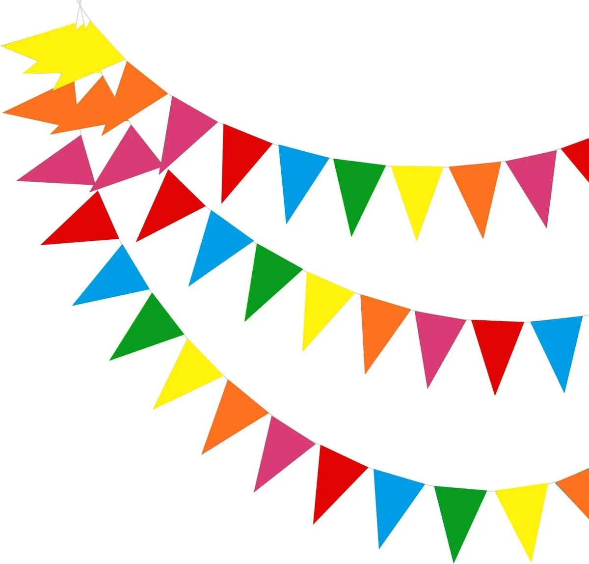 A colorful bunting garland made of red, orange, yellow, and pink triangle flags.